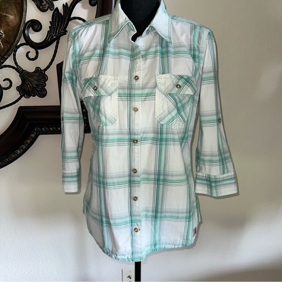 Carhartt Women’s Heron Green White Plaid 3/4 Sleeves Button Down Blouse M 8/10 - Picture 12 of 14